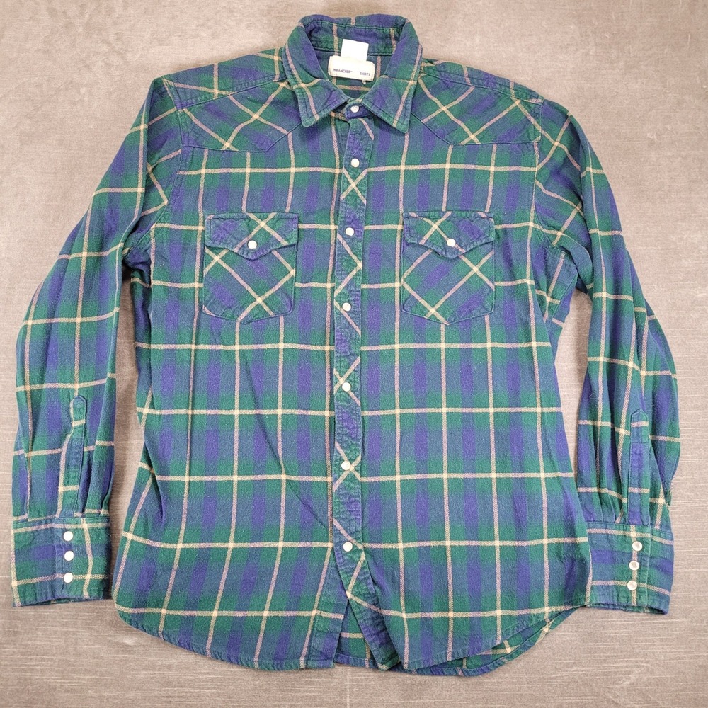 Wrangler Wrancher Vintage Shirt Mens Large Green Blue Plaid Western Pearl Snap